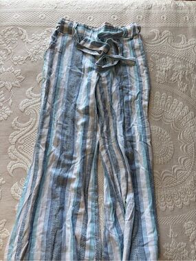 Indigo Rein Blue, White and Tan Striped linen wide leg pants tie waist Medium